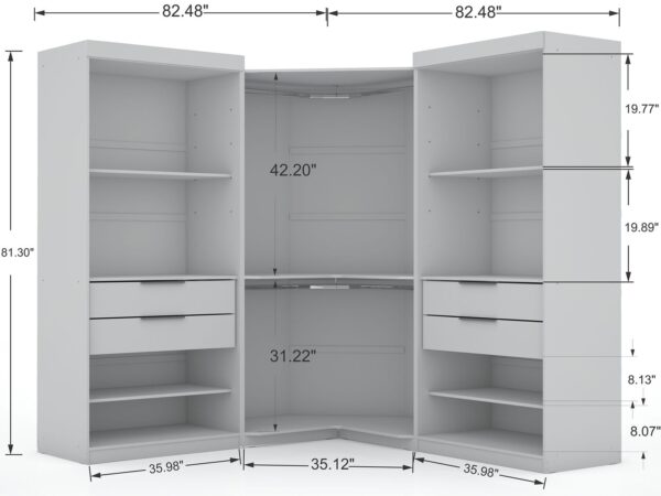 Manhattan Comfort Mulberry 2.0 Semi Open 3 Sectional Modern Wardrobe Corner Closet with 4 Drawers - Set of 3 in White