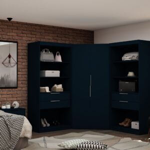 Manhattan Comfort Mulberry 2.0 Semi Open 3 Sectional Modern Wardrobe Corner Closet with 4 Drawers - Set of 3 in Tatiana Midnight Blue