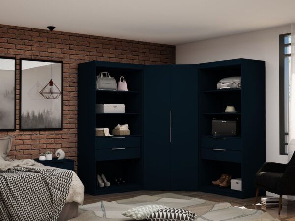 Manhattan Comfort Mulberry 2.0 Semi Open 3 Sectional Modern Wardrobe Corner Closet with 4 Drawers - Set of 3 in Tatiana Midnight Blue