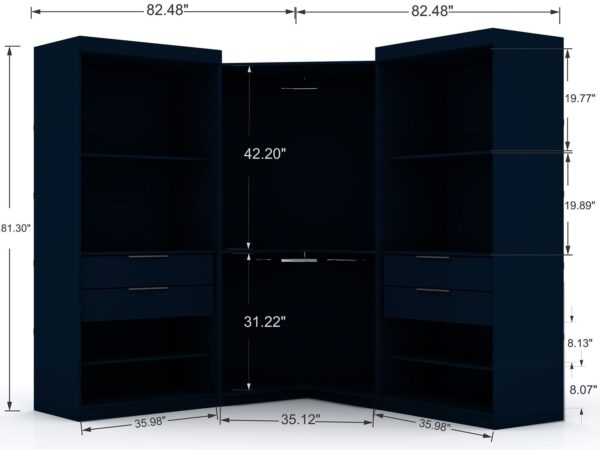 Manhattan Comfort Mulberry 2.0 Semi Open 3 Sectional Modern Wardrobe Corner Closet with 4 Drawers - Set of 3 in Tatiana Midnight Blue