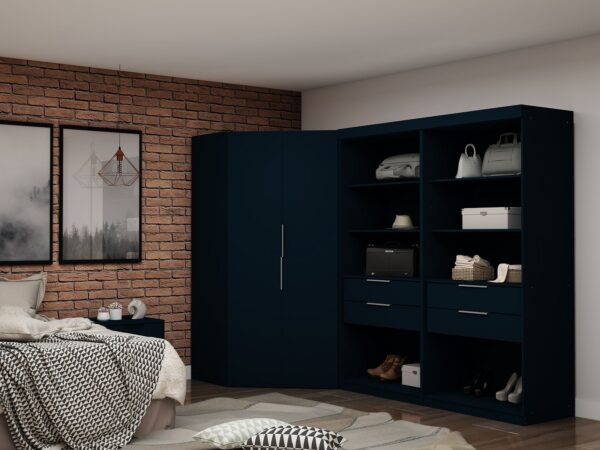 Manhattan Comfort Mulberry 2.0 Semi Open 3 Sectional Modern Wardrobe Corner Closet with 4 Drawers - Set of 3 in Tatiana Midnight Blue