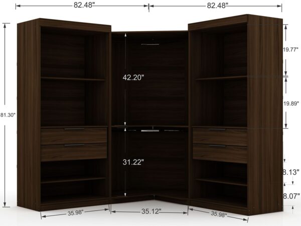 Manhattan Comfort Mulberry 2.0 Semi Open 3 Sectional Modern Wardrobe Corner Closet with 4 Drawers - Set of 3 in Brown