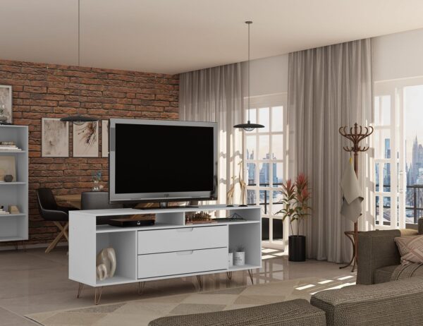 Manhattan Comfort Rockefeller 62.99 TV Stand with Metal Legs and 2 Drawers in White