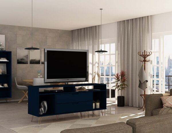 Manhattan Comfort Rockefeller 62.99 TV Stand with Metal Legs and 2 Drawers in Tatiana Midnight Blue