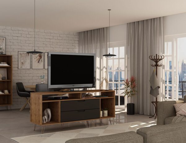 Manhattan Comfort Rockefeller 62.99 TV Stand with Metal Legs and 2 Drawers in Nature and Textured Grey