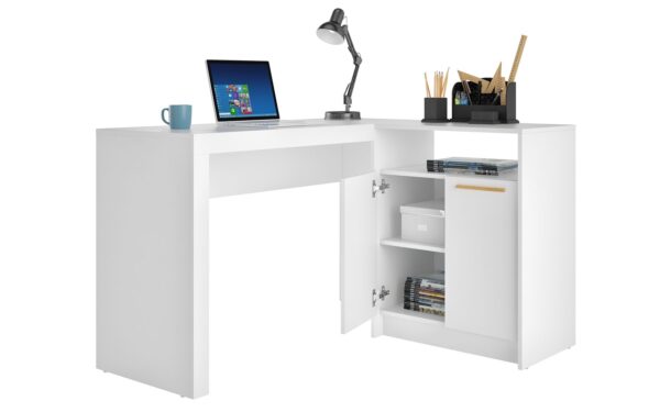 Manhattan Comfort Kalmar L-Shaped Office Desk with Inclusive Cabinet in White