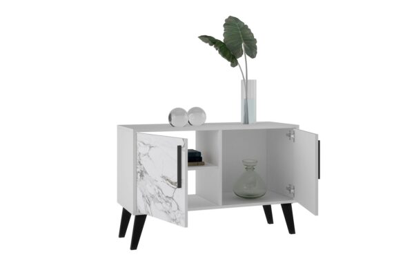 Manhattan Comfort Mid-Century- Modern Amsterdam Double Side Table 2.0 with 3 Shelves in White Marble