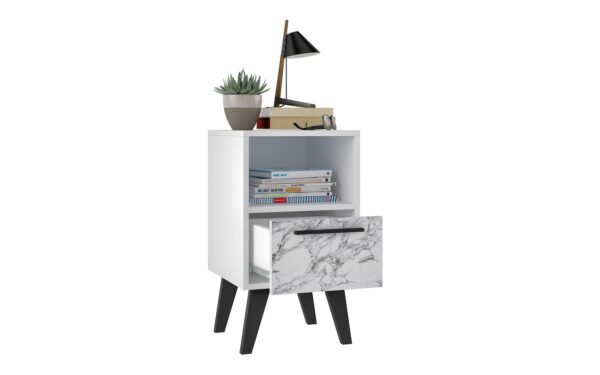 Manhattan Comfort Mid-Century- Modern Amsterdam Nightstand 1.0 with 1 Shelf in White Marble