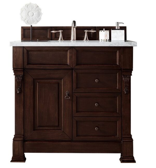 James Martin 147-114-5566-3AF Brookfield 36 Inch Burnished Mahogany Single Vanity with Drawers with 3 cm Arctic Fall Solid Surface Top