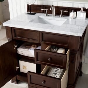 James Martin 147-114-5566-3CAR Brookfield 36 Inch Burnished Mahogany Single Vanity with Drawers with 3 cm Carrara Marble Top