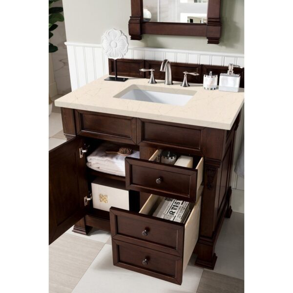 James Martin 147-114-5566-3EMR Brookfield 36 Inch Burnished Mahogany Single Vanity with 3 CM Eternal Marfil Quartz Top