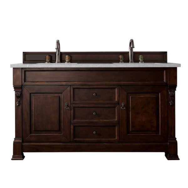 James Martin 147-114-5661-3ESR Brookfield 60 Inch Burnished Mahogany Double Vanity with 3 CM Eternal Serena Quartz Top