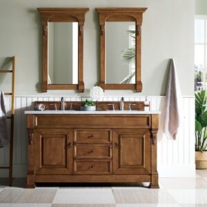 James Martin 147-114-5671-3EJP Brookfield 60 Inch Country Oak Double Vanity with 3 cm Eternal Jasmine Pearl Quartz Top with Sink