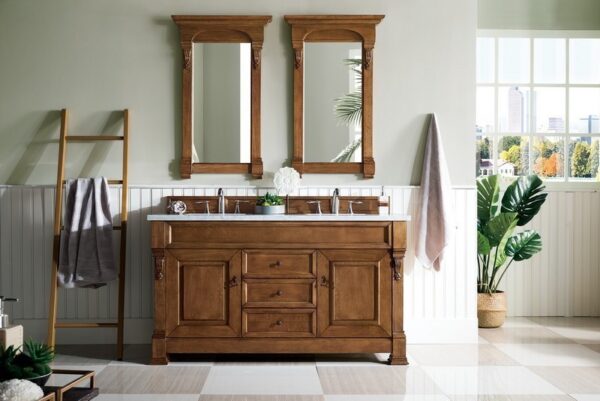 James Martin 147-114-5671-3EJP Brookfield 60 Inch Country Oak Double Vanity with 3 cm Eternal Jasmine Pearl Quartz Top with Sink