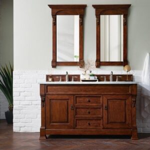 James Martin 147-114-5681-3AF Brookfield 60 Inch Warm Cherry Double Vanity with 3 cm Arctic Fall Solid Surface Top