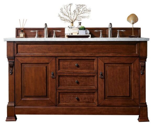 James Martin 147-114-5681-3AF Brookfield 60 Inch Warm Cherry Double Vanity with 3 cm Arctic Fall Solid Surface Top