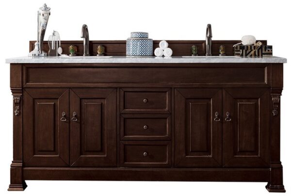 James Martin 147-114-5761-3EJP Brookfield 72 Inch Burnished Mahogany Double Vanity with 3 cm Eternal Jasmine Pearl Quartz Top with Sink