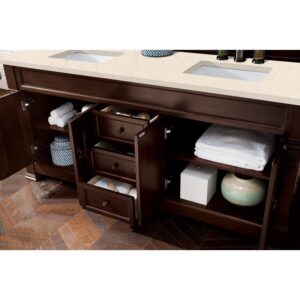 James Martin 147-114-5761-3EMR Brookfield 72 Inch Burnished Mahogany Double Vanity with 3 CM Eternal Marfil Quartz Top