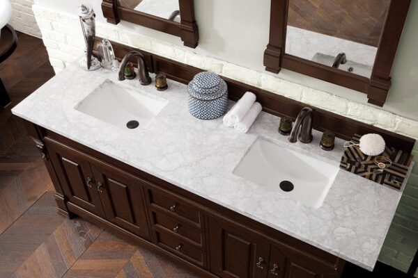 James Martin 147-114-5761-3CAR Brookfield 72 Inch Burnished Mahogany Double Vanity with 3 cm Carrara Marble Top