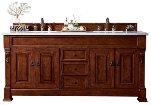 James Martin 147-114-5781-3AF Brookfield 72 Inch Warm Cherry Double Vanity with 3 cm Arctic Fall Solid Surface Top