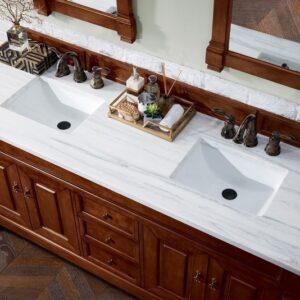 James Martin 147-114-5781-3AF Brookfield 72 Inch Warm Cherry Double Vanity with 3 cm Arctic Fall Solid Surface Top