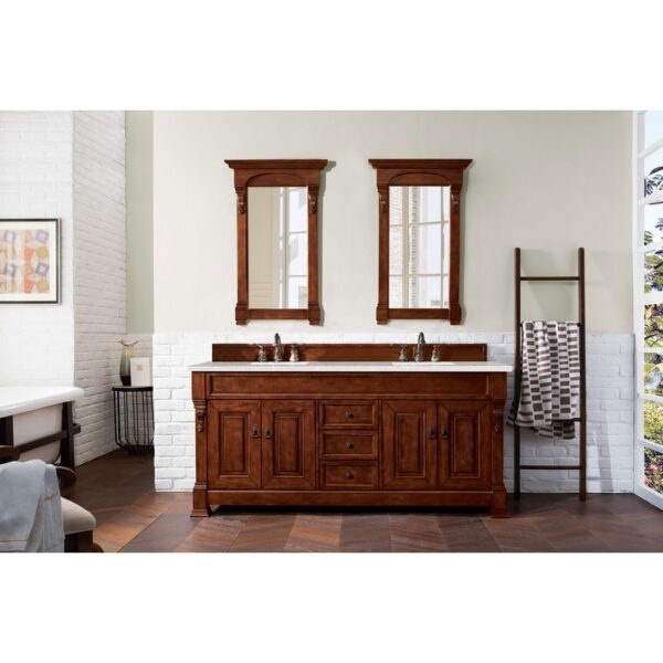 James Martin 147-114-5781-3ESR Brookfield 72 Inch Warm Cherry Double Vanity with 3 CM Eternal Serena Quartz Top