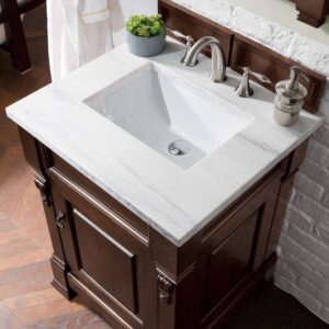 James Martin 147-114-V26-BNM-3AF Brookfield 26 Inch Burnished Mahogany Single Vanity with 3 cm Arctic Fall Solid Surface Top