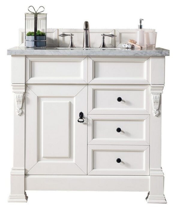 James Martin 147-V36-BW-3CAR Brookfield 36 Inch Bright White Single Vanity with Drawers with 3 cm Carrara Marble Top