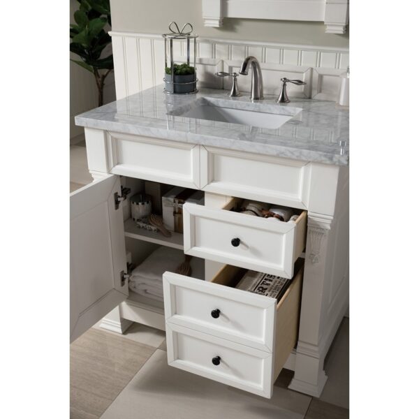 James Martin 147-V36-BW-3CAR Brookfield 36 Inch Bright White Single Vanity with Drawers with 3 cm Carrara Marble Top