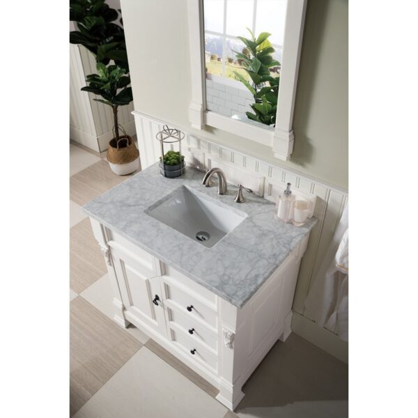 James Martin 147-V36-BW-3CAR Brookfield 36 Inch Bright White Single Vanity with Drawers with 3 cm Carrara Marble Top