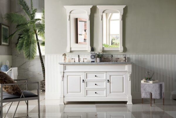 James Martin 147-V60D-BW-3CAR Brookfield 60 Inch Bright White Double Vanity with 3 cm Carrara Marble Top