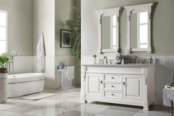 James Martin 147-V60D-BW-3CAR Brookfield 60 Inch Bright White Double Vanity with 3 cm Carrara Marble Top