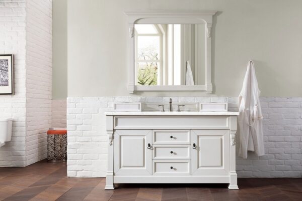 James Martin 147-V60S-BW-3EJP Brookfield 60 Inch Bright White Single Vanity with 3 cm Eternal Jasmine Pearl Quartz Top with Sink