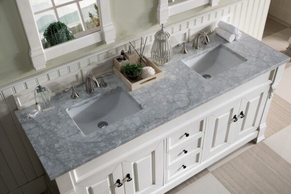 James Martin 147-V72-BW-3CAR Brookfield 72 Inch Bright White Double Vanity with 3 cm Carrara Marble Top