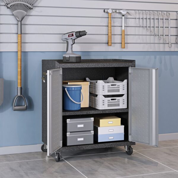 Manhattan Comfort 3-Piece Fortress Mobile Space-Saving Steel Garage Cabinet and Worktable 1.0 in Grey