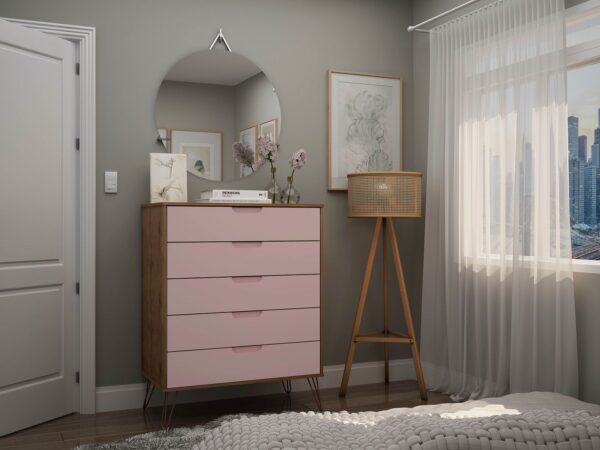 Manhattan Comfort Rockefeller 5-Drawer Tall Dresser with Metal Legs in Nature and Rose Pink