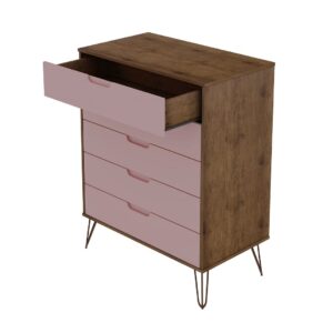 Manhattan Comfort Rockefeller 5-Drawer Tall Dresser with Metal Legs in Nature and Rose Pink