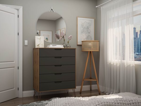 Manhattan Comfort Rockefeller 5-Drawer Tall Dresser with Metal Legs in Nature and Textured Grey