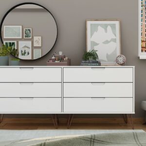 Manhattan Comfort Rockefeller 6-Drawer Double Low Dresser with Metal Legs in White