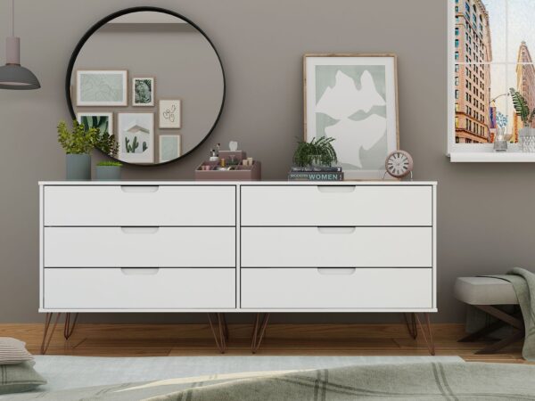 Manhattan Comfort Rockefeller 6-Drawer Double Low Dresser with Metal Legs in White