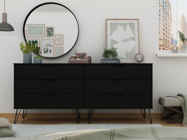 Manhattan Comfort Rockefeller 6-Drawer Double Low Dresser with Metal Legs in Black