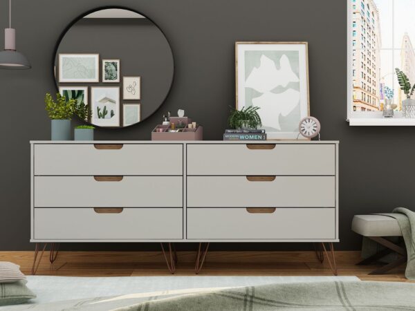 Manhattan Comfort Rockefeller 6-Drawer Double Low Dresser with Metal Legs in Off White and Nature