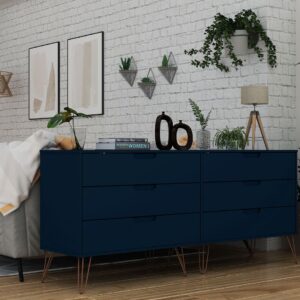 Manhattan Comfort Rockefeller 6-Drawer Double Low Dresser with Metal Legs in Tatiana Midnight Blue