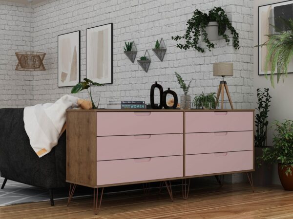 Manhattan Comfort Rockefeller 6-Drawer Double Low Dresser with Metal Legs in Native and Rose Pink