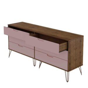 Manhattan Comfort Rockefeller 6-Drawer Double Low Dresser with Metal Legs in Native and Rose Pink