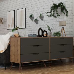 Manhattan Comfort Rockefeller 6-Drawer Double Low Dresser with Metal Legs in Nature and Textured Grey