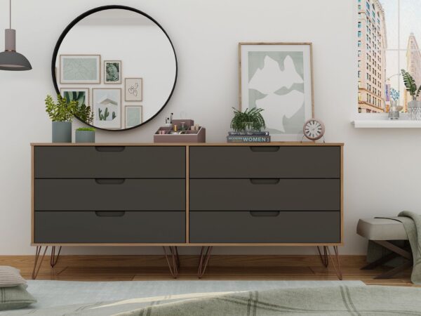 Manhattan Comfort Rockefeller 6-Drawer Double Low Dresser with Metal Legs in Nature and Textured Grey