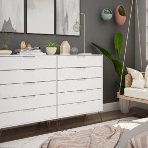 Manhattan Comfort Rockefeller 10-Drawer Double Tall Dresser with Metal Legs in White