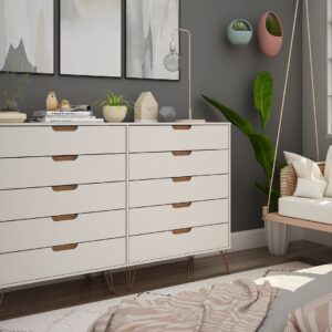 Manhattan Comfort Rockefeller 10-Drawer Double Tall Dresser with Metal Legs in Off White and Nature