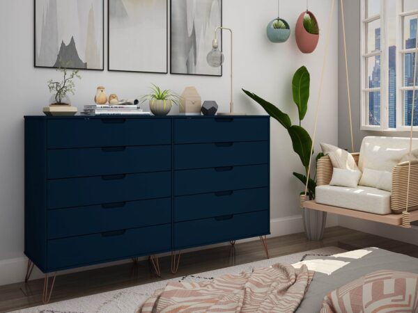 Manhattan Comfort Rockefeller 10-Drawer Double Tall Dresser with Metal Legs in Tatiana Midnight Blue